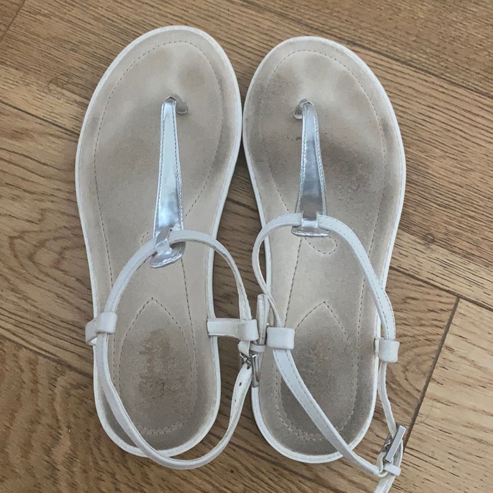 White and silver comfort t-strap sandals